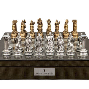 Dal Rossi Italy European Warriors Chessmen 85mm on a Carbon Fibre Finish Shiny Chess Box with Compartments 16"