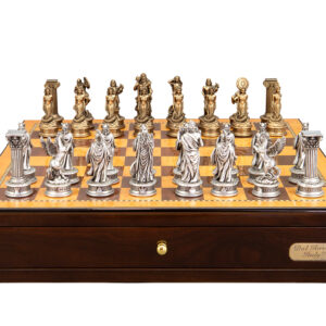 Dal Rossi Italy European Warriors Chessmen 85mm on a Shiny Walnut Chess Box with two Drawers 18"