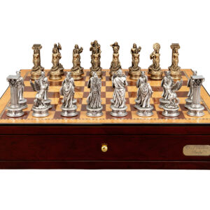 Dal Rossi Italy European Warriors Chessmen 85mm on a Shiny Mahogany Chess Box with two Drawers 18"