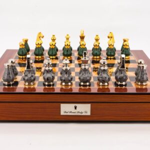 Dal Rossi Italy Chess Set Walnut Shinny Finish 20″ With Compartments, With Gray and Green Gold and Silver Metal Tops and Bottoms Chess Pieces 90mm