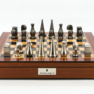 Dal Rossi Italy Chess Set Walnut Finish 20″ With Compartments, With Metal Dark Titanium and Silver 90mm Chessmen