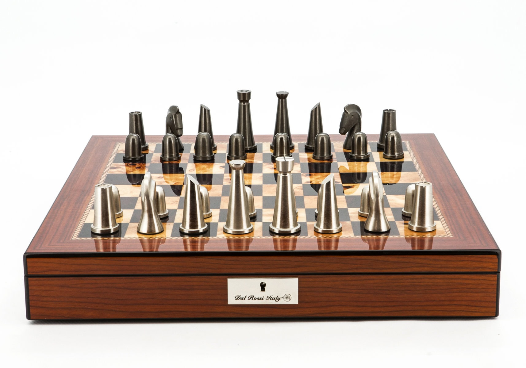 Dal Rossi Italy Chess Set Walnut Shinny Finish 20″ With Compartments, With Metal Dark Titanium and Silver chessmen 85mm