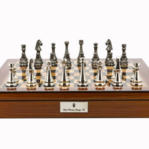 Dal Rossi Italy Chess Set Walnut Shinny Finish 20″ With Compartments, With Metal Dark Titanium and Silver chessmen 85mm