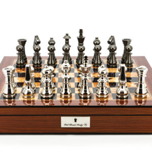 Dal Rossi Italy Chess Set Walnut Shinny Finish 20″ With Compartments, With Metal Dark Titanium and Silver chessmen 115mm