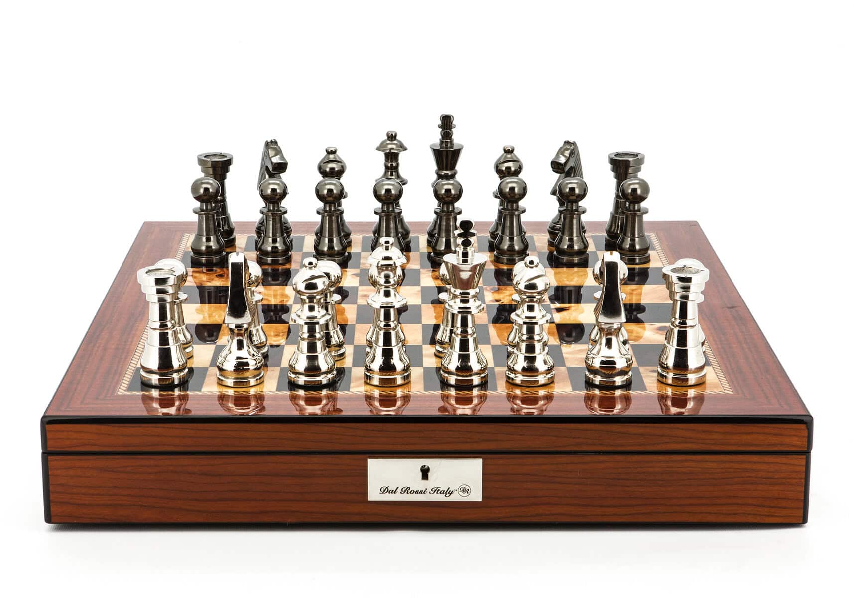 Dal Rossi Italy Chess Set Walnut Shinny Finish 20″ With Compartments, With Metal Dark Titanium and Silver chessmen 115mm