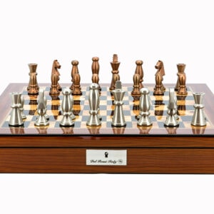 Dal Rossi Italy Chess Set Walnut Shinny Finish 20″ With Compartments, With Copper & Silver Weighted Metal Chess Pieces 85mm pieces