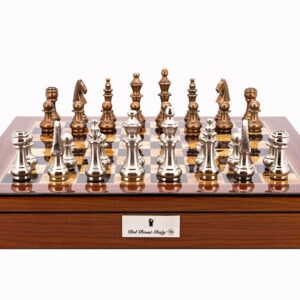 Dal Rossi Italy Chess Set Walnut Finish 20″ With Compartments, With Copper & Silver Weighted Metal Chess Pieces 100mm pieces