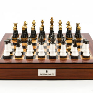 Dal Rossi Italy Chess Set Walnut Shinny Finish 20″ With Compartments, With Black and White with Gold and Gun Metal Tops and Bottoms Chessmen 110mm