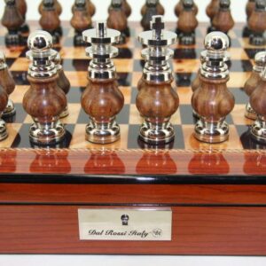 Dal Rossi LARGE Metal Wood Chess Set With compartments 20" Walnut Finish