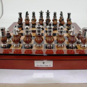 Dal Rossi LARGE Metal Wood Chess Set With compartments 20" Walnut Finish