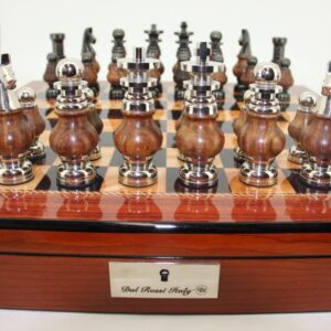Dal Rossi LARGE Metal Wood Chess Set With compartments 20" Walnut Finish