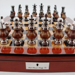 Dal Rossi LARGE Metal Wood Chess Set With compartments 20" Walnut Finish