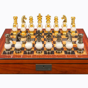 Dal Rossi Italy White Stone and Gold Chessmen 100mm Chess Set on Walnut Shiny Finish Chess Box 20” with compartments