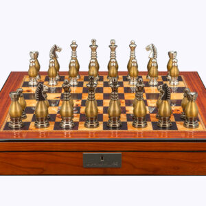 Dal Rossi Italy, Metal light gold plated Chessmen 100mmon a 20" Walnut Finish Board with Compartments