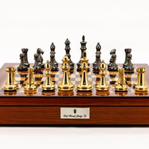 Dal Rossi Italy Chess Set Walnut Shinny Finish 20″ With Compartments, With Very Heavy Brass Staunton Gold and Silver chessmen 110mm