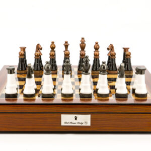 Dal Rossi Italy Chess Set Walnut Finish 20″ With Compartments, With Black and White with Copper and Gun Metal Gray Tops and Bottoms Chess Pieces 110mm
