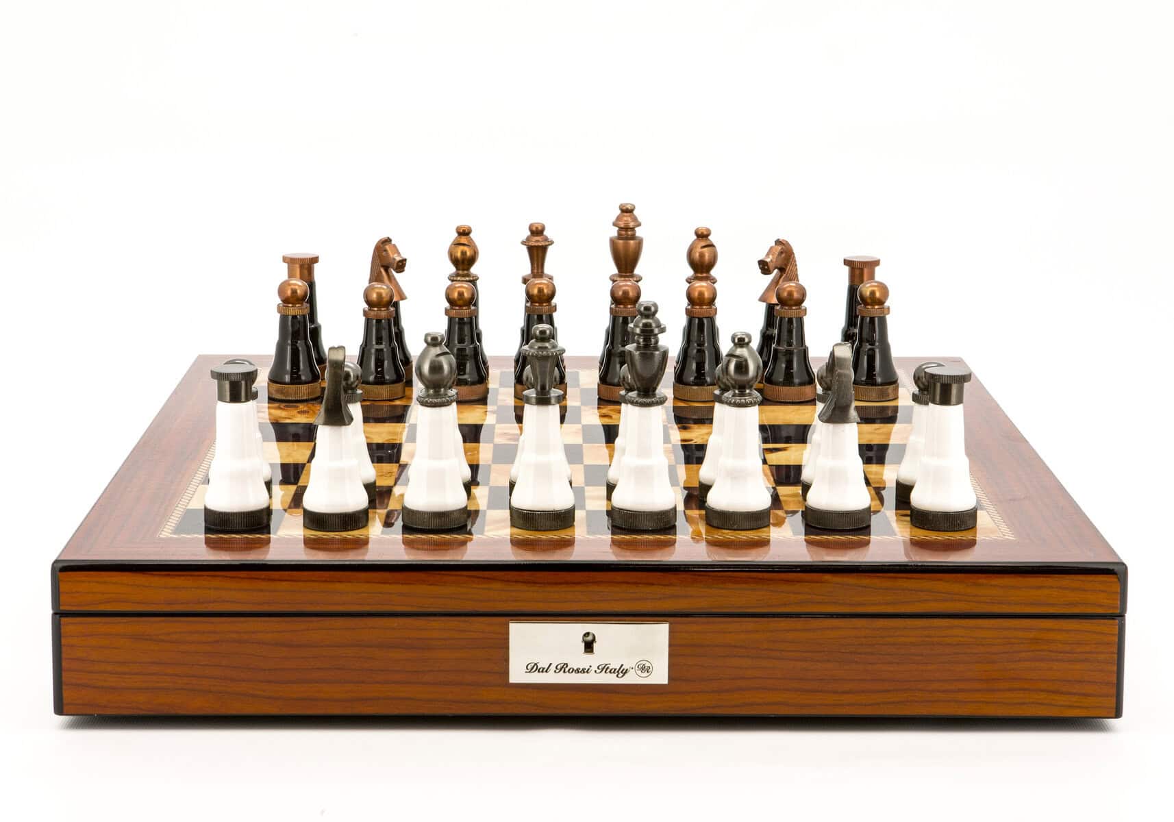 Dal Rossi Italy Chess Set Walnut Finish 20″ With Compartments, With Black and White with Copper and Gun Metal Gray Tops and Bottoms Chess Pieces 110mm