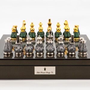 Dal Rossi Italy Chess Set Carbon Fibre Finish 16″ With Compartments, With Gray and Green Gold and Silver Metal Tops and Bottoms Chess Pieces 90mm