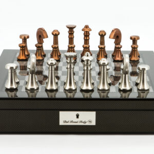 Dal Rossi Italy Chess Set Carbon Fibre Shinny Finish16″ With Compartments, With Metal Copper and silver Chessmen 80mm