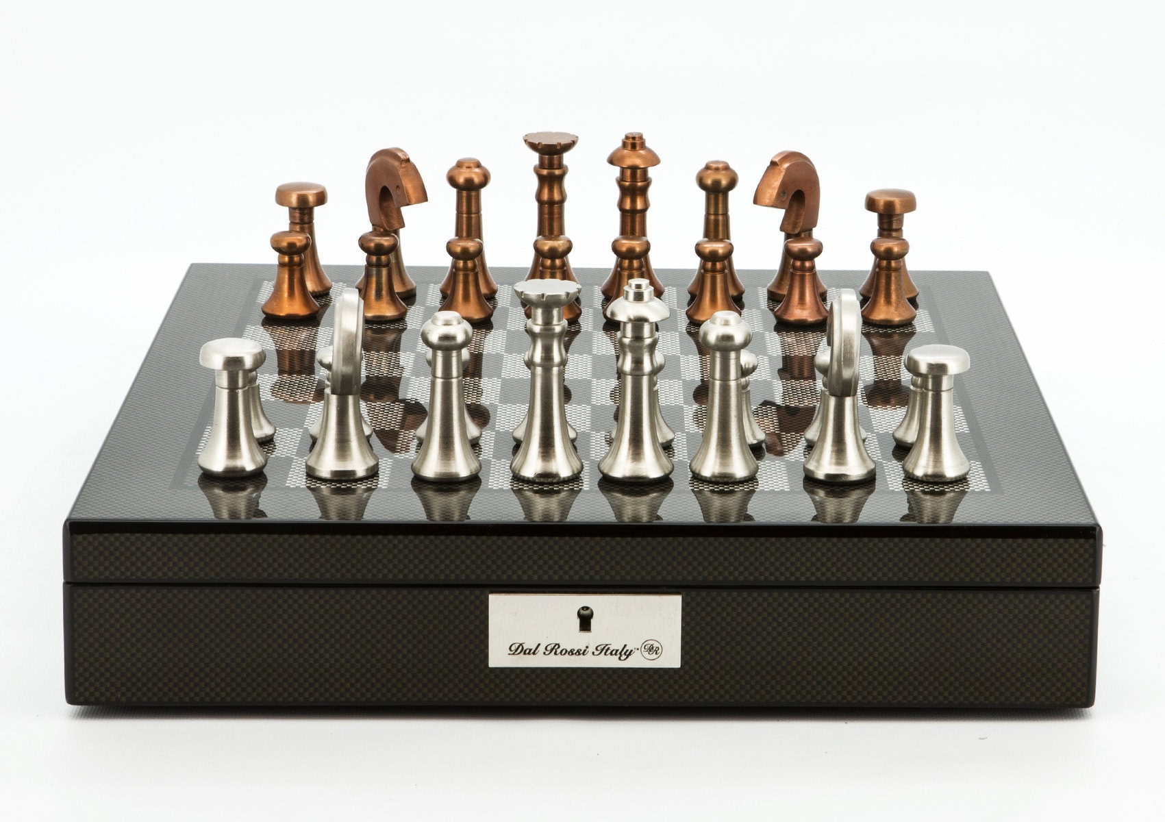 Dal Rossi Italy Chess Set Carbon Fibre Shinny Finish16″ With Compartments, With Metal Copper and silver Chessmen 80mm