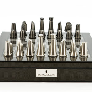 Dal Rossi Italy Chess Set Carbon Fibre Finish 16″ With Compartments, With Metal Dark Titanium and Silver chessmen 85mm