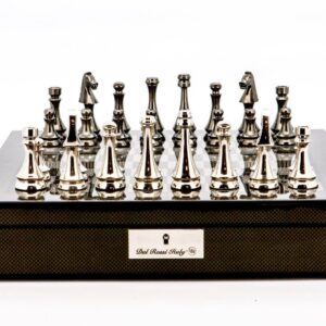 Dal Rossi Italy Chess Set Carbon Fibre Finish 16″ With Compartments, With Metal Dark Titanium and Silver chessmen 85mm