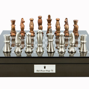 Dal Rossi Italy Chess Set Carbon Fibre Finish 16″ With Compartments, With Copper & Silver Weighted Metal Chess Pieces 85mm pieces