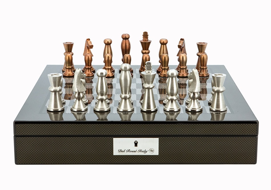 Dal Rossi Italy Chess Set Carbon Fibre Finish 16″ With Compartments, With Copper & Silver Weighted Metal Chess Pieces 85mm pieces