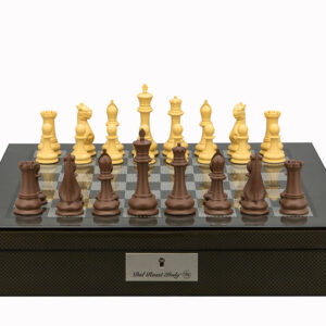 Dal Rossi Italy Chess Set Carbon Fibre Shinny Finish16″ With Compartments, With Queens Gambit Chessmen 90mm
