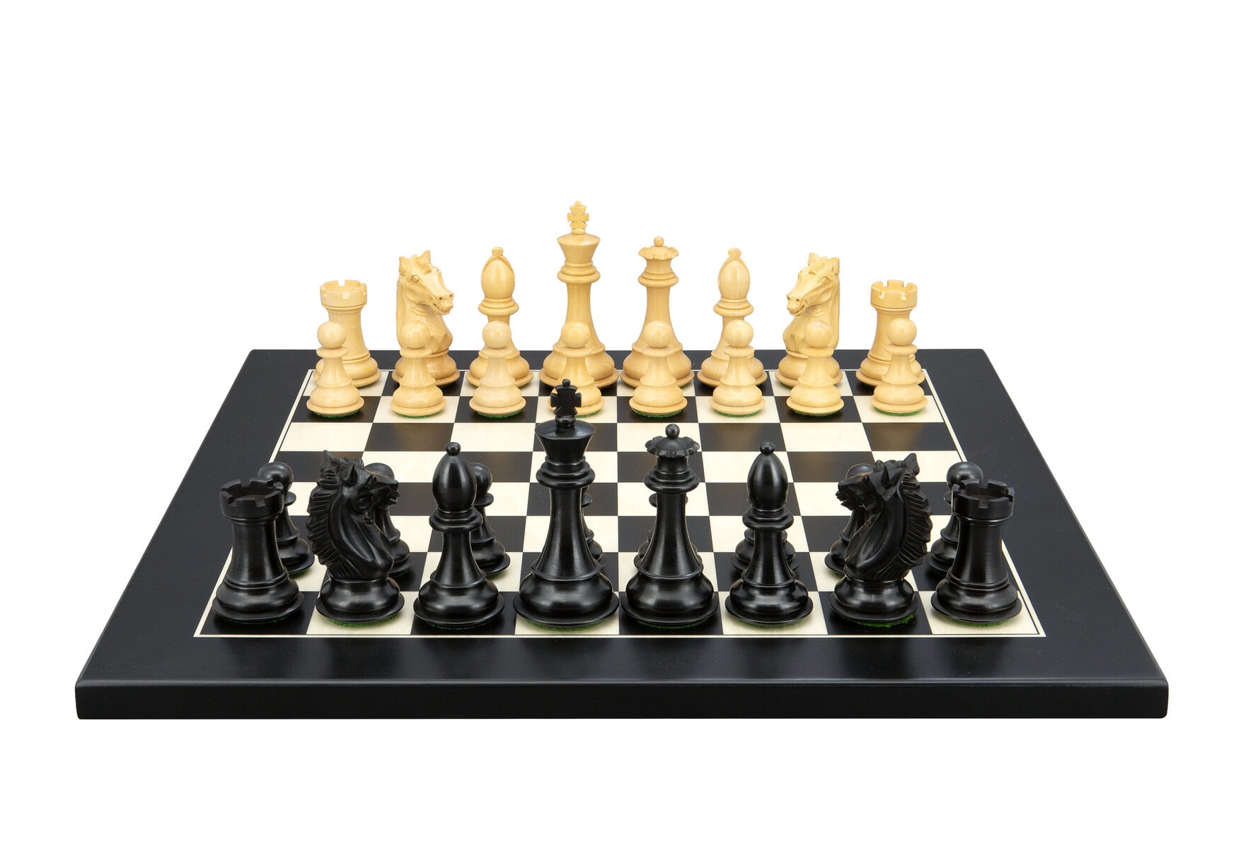 Dal Rossi Italy, Ebony Finish / Boxwood 95mm Wood Double Weighted on a Black / Erable, 40cm Chess Board