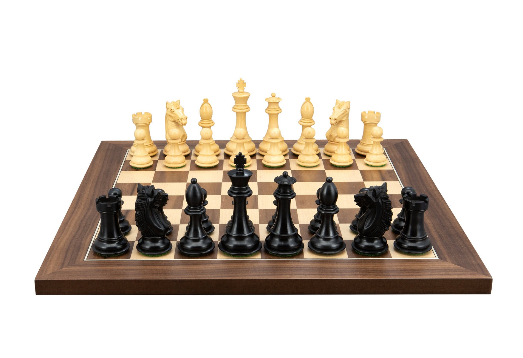 Dal Rossi Italy, Ebony Finish / Boxwood 95mm Wood Double Weighted on a Walnut Inlaid, 40cm Chess Board