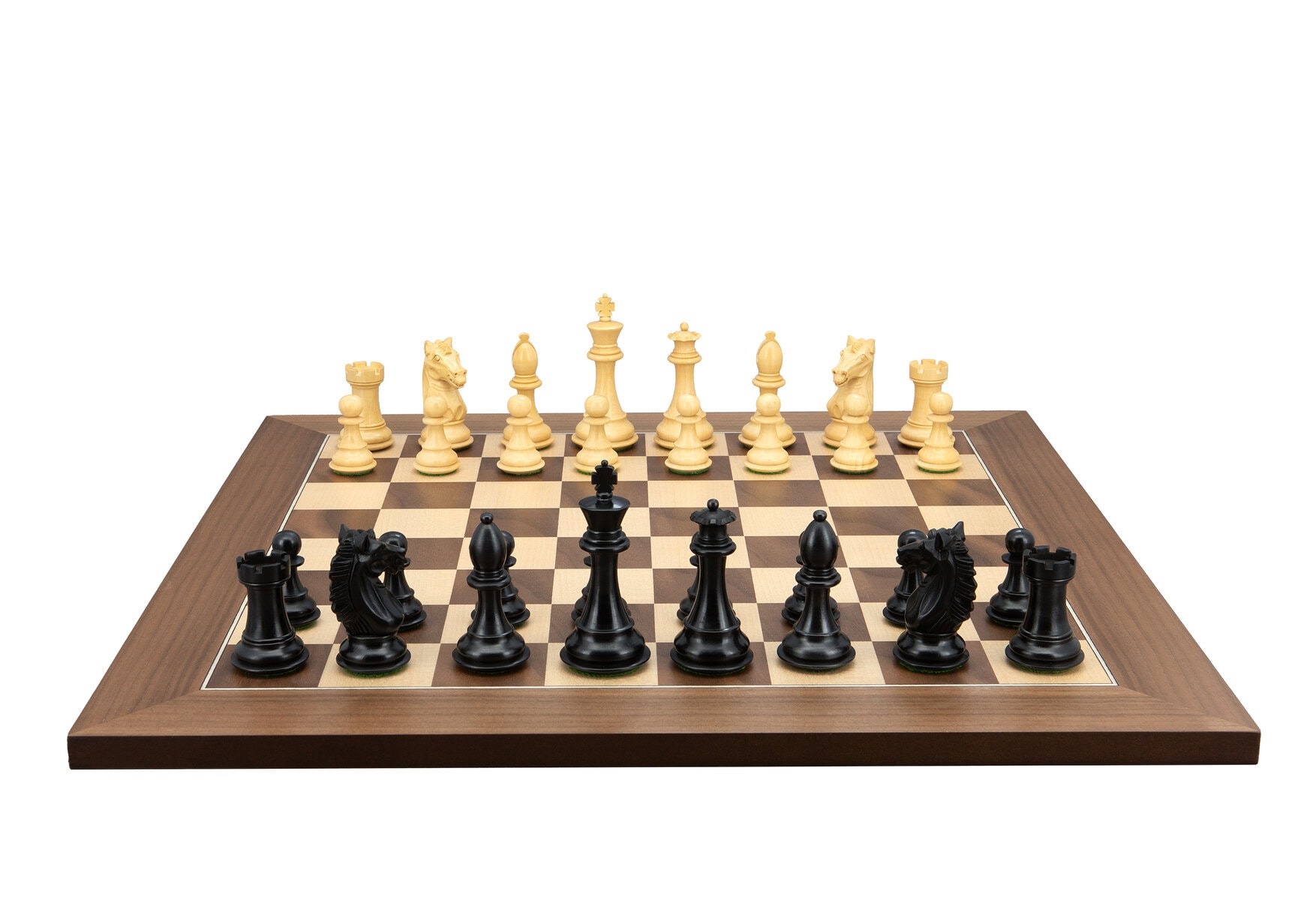 Dal Rossi Italy, Ebony Finish / Boxwood 105mm Wood Double Weighted on a Walnut Inlaid, 50cm Chess Board