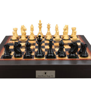 Dal Rossi Italy, Ebony Finish / Boxwood 95mm Wood Double Weighted on a Brown PU Leather Bevelled Edge chess box with compartments 18"