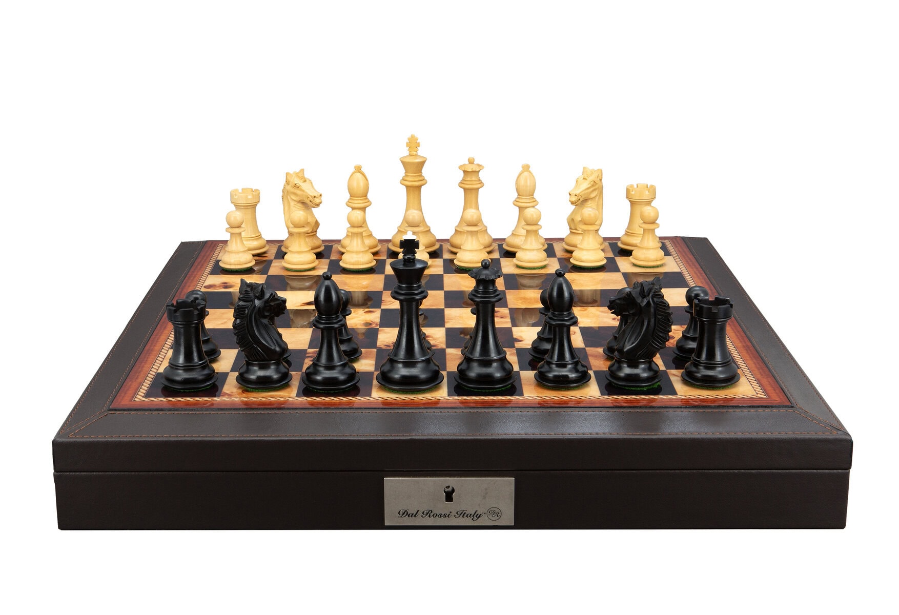 Dal Rossi Italy, Ebony Finish / Boxwood 95mm Wood Double Weighted on a Brown PU Leather Bevelled Edge chess box with compartments 18"