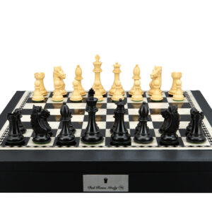 Dal Rossi Italy, Ebony Finish / Boxwood 95mm Wood Double Weighted on a Black PU Leather Bevelled Edge chess box with compartments 18"