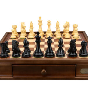 Dal Rossi Ebony Finish / Boxwood 95mm Wood Double Weighted on a Walnut Inlaid Chess Box with Drawers 16"