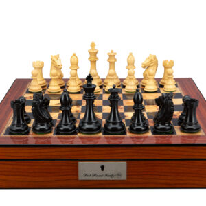Dal Rossi Italy, Ebony Finish / Boxwood 95mm Wood Double Weighted on a Walnut Finish Shiny Chess Box with Compartments 16"
