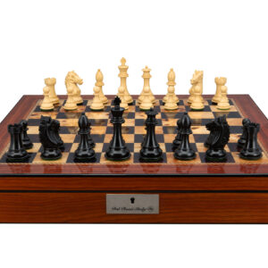 Dal Rossi Italy, Ebony Finish / Boxwood 95mm Wood Double Weighted on a Walnut Finish Shiny Chess Box with Compartments 20"