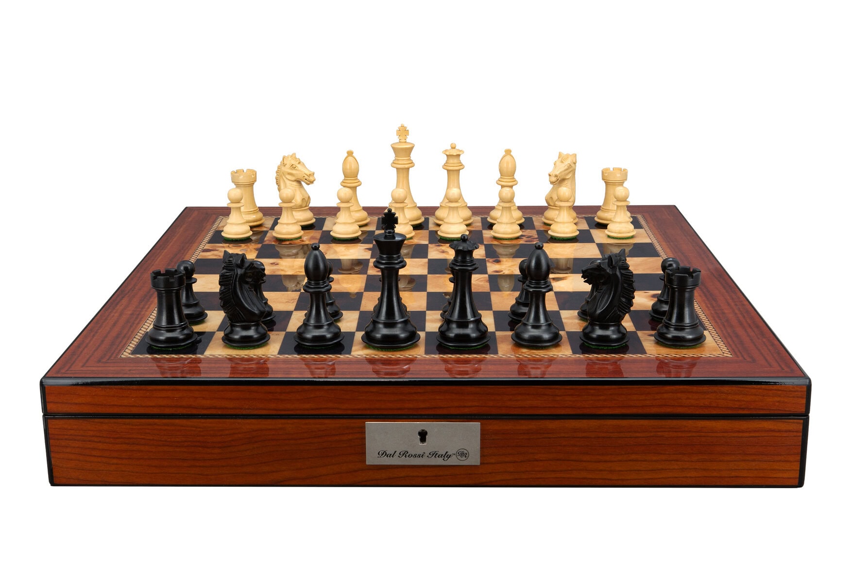 Dal Rossi Italy, Ebony Finish / Boxwood 95mm Wood Double Weighted on a Walnut Finish Shiny Chess Box with Compartments 20"