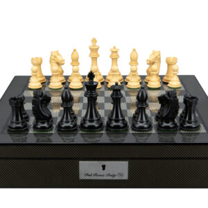 Dal Rossi Italy, Ebony Finish / Boxwood 95mm Wood Double Weighted on a Carbon Fibre Finish Shiny Chess Box with Compartments 16"