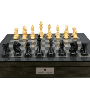 Dal Rossi Italy, Ebony Finish / Boxwood 95mm Wood Double Weighted on a Carbon Fibre Finish Shiny Chess Box with Compartments 20"