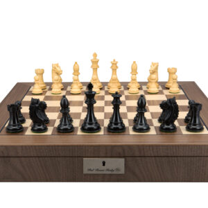 Dal Rossi Italy, Ebony Finish / Boxwood 95mm Wood Double Weighted on a Walnut Inlaid Chess Box with Compartments 20"
