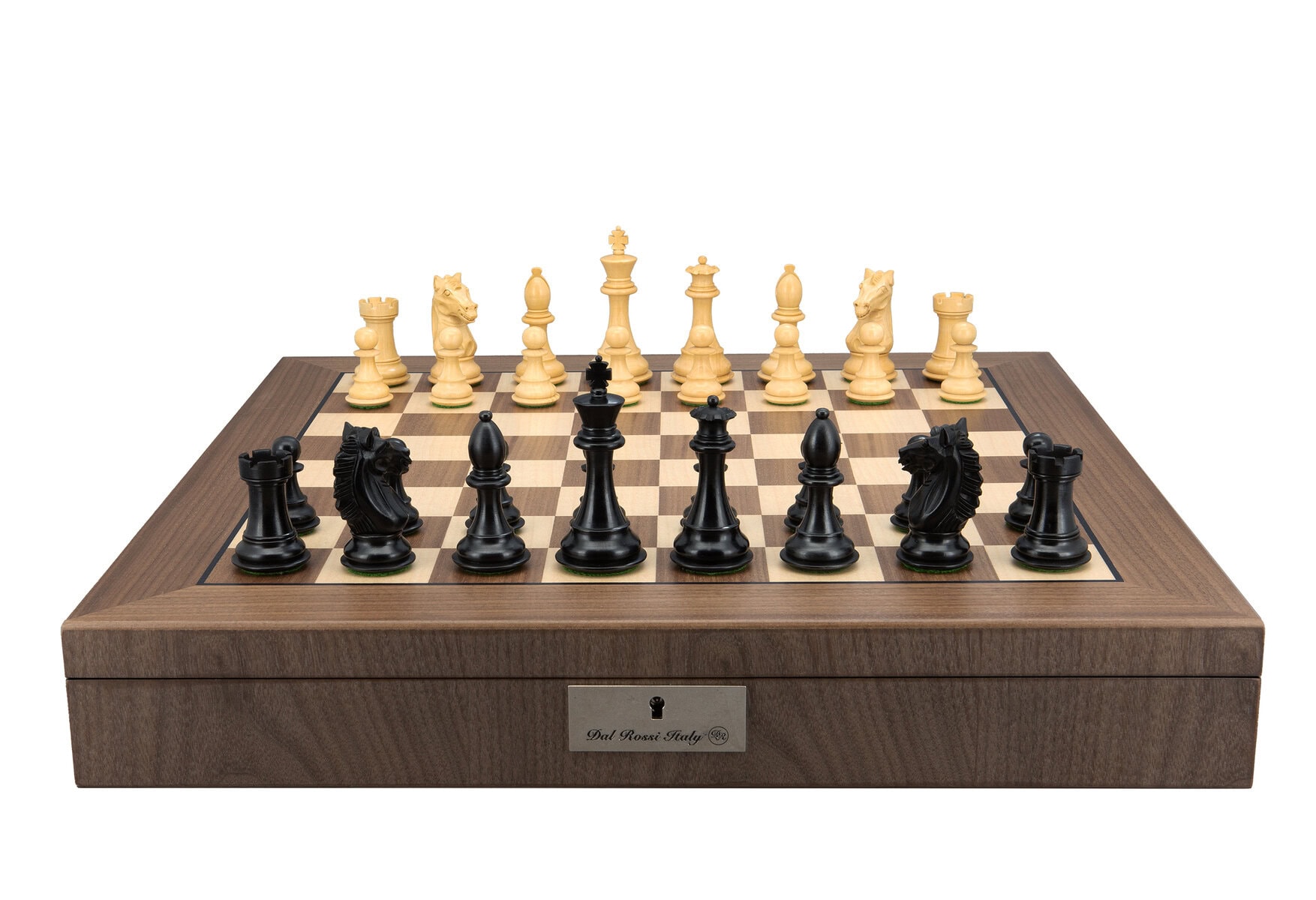 Dal Rossi Italy, Ebony Finish / Boxwood 95mm Wood Double Weighted on a Walnut Inlaid Chess Box with Compartments 20"
