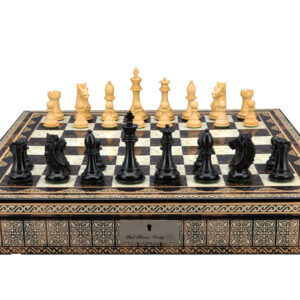 Dal Rossi Italy, Ebony Finish / Boxwood 95mm Wood Double Weighted on a Mosaic Finish Shiny Chess Box with Compartments 20"