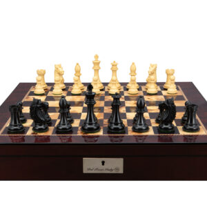 Dal Rossi Italy, Ebony Finish / Boxwood 95mm Wood Double Weighted on a Mahogany Finish Shiny Chess Box with Compartments 20"