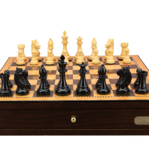 Dal Rossi Italy, Ebony Finish / Boxwood 95mm Wood Double Weighted on a Shiny Walnut Chess Box with two Drawers 18"