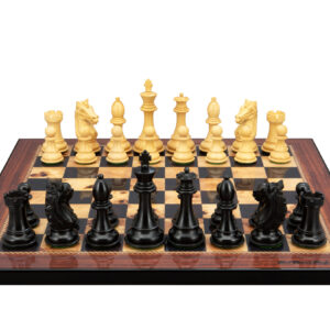 Dal Rossi Italy, Ebony Finish / Boxwood 95mm Wood Double Weighted on a Walnut Shinny Finish, 40cm Chess Board