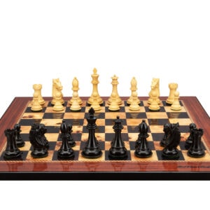 Dal Rossi Italy, Ebony Finish / Boxwood 95mm Wood Double Weighted on a Walnut Shinny Finish, 50cm Chess Board