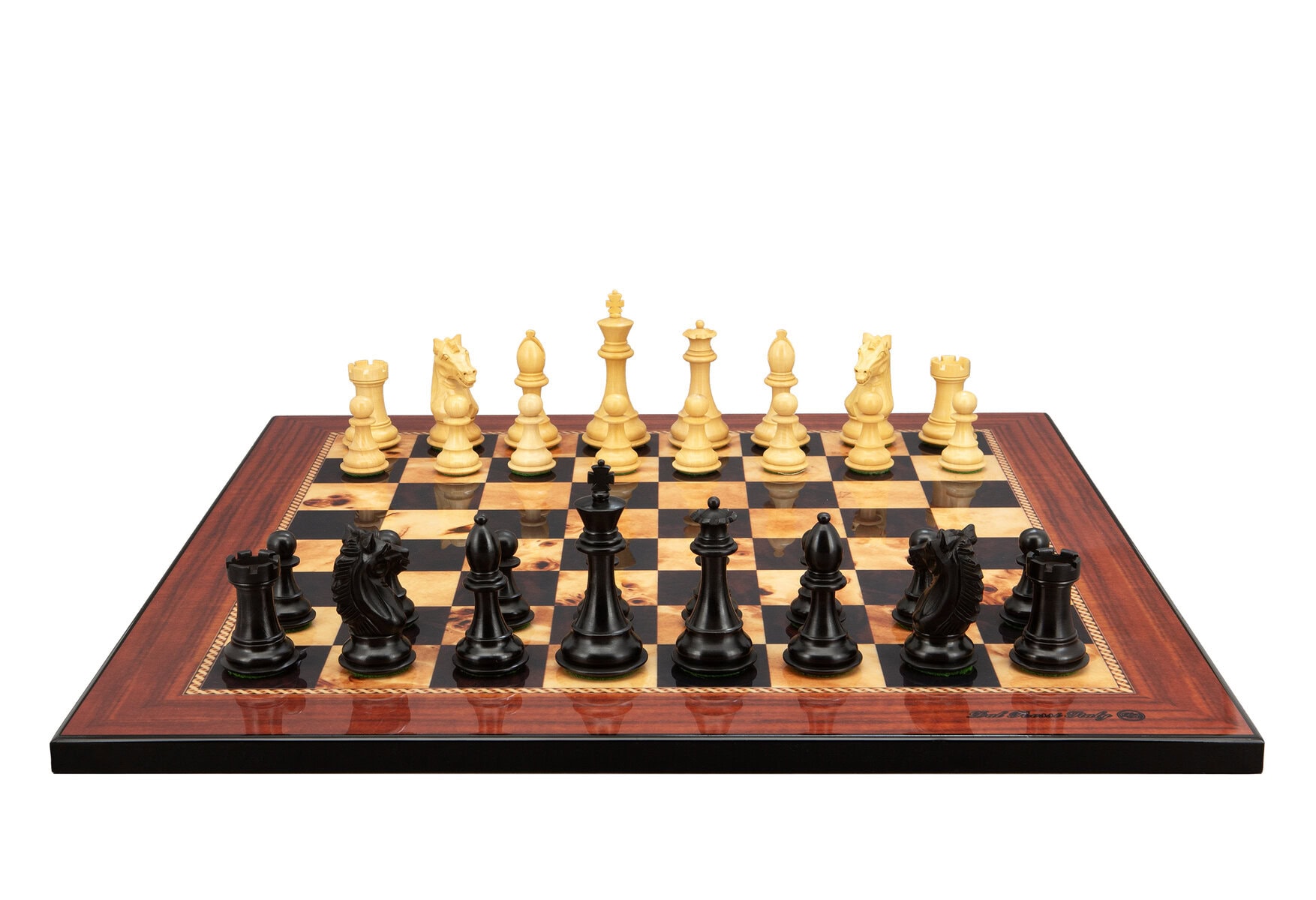 Dal Rossi Italy, Ebony Finish / Boxwood 95mm Wood Double Weighted on a Walnut Shinny Finish, 50cm Chess Board