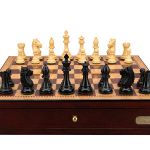 Dal Rossi Italy, Ebony Finish / Boxwood 95mm Wood Double Weighted on a Shiny Mahogany Chess Box with two Drawers 18"
